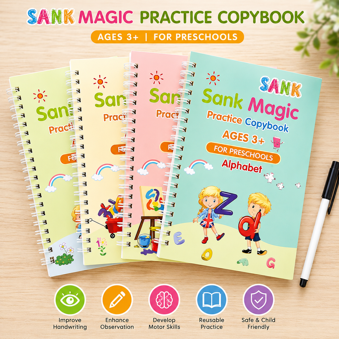 SANK Magic Book – Reusable Handwriting Practice Book for Kids 📚✍️