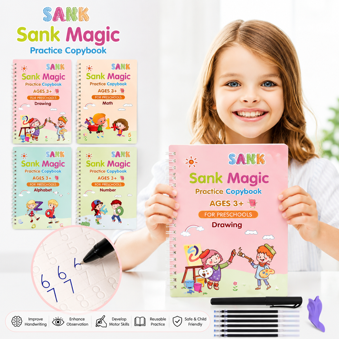 SANK Magic Book – 4 Reusable Handwriting Practice Book 10 Pens for Kids 📚✍️
