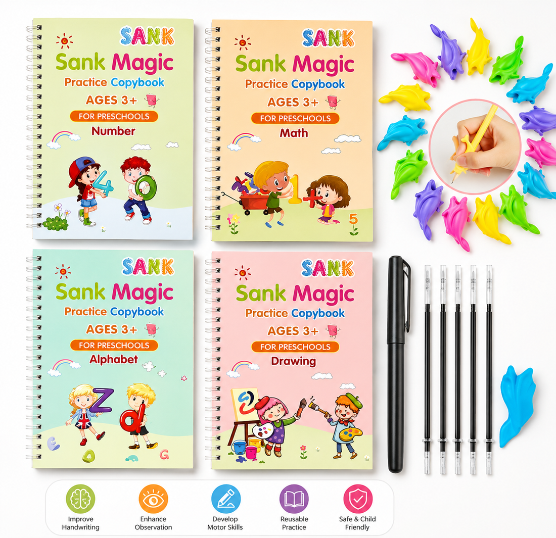 SANK Magic Book – 4 Reusable Handwriting Practice Book 10 Pens for Kids 📚✍️